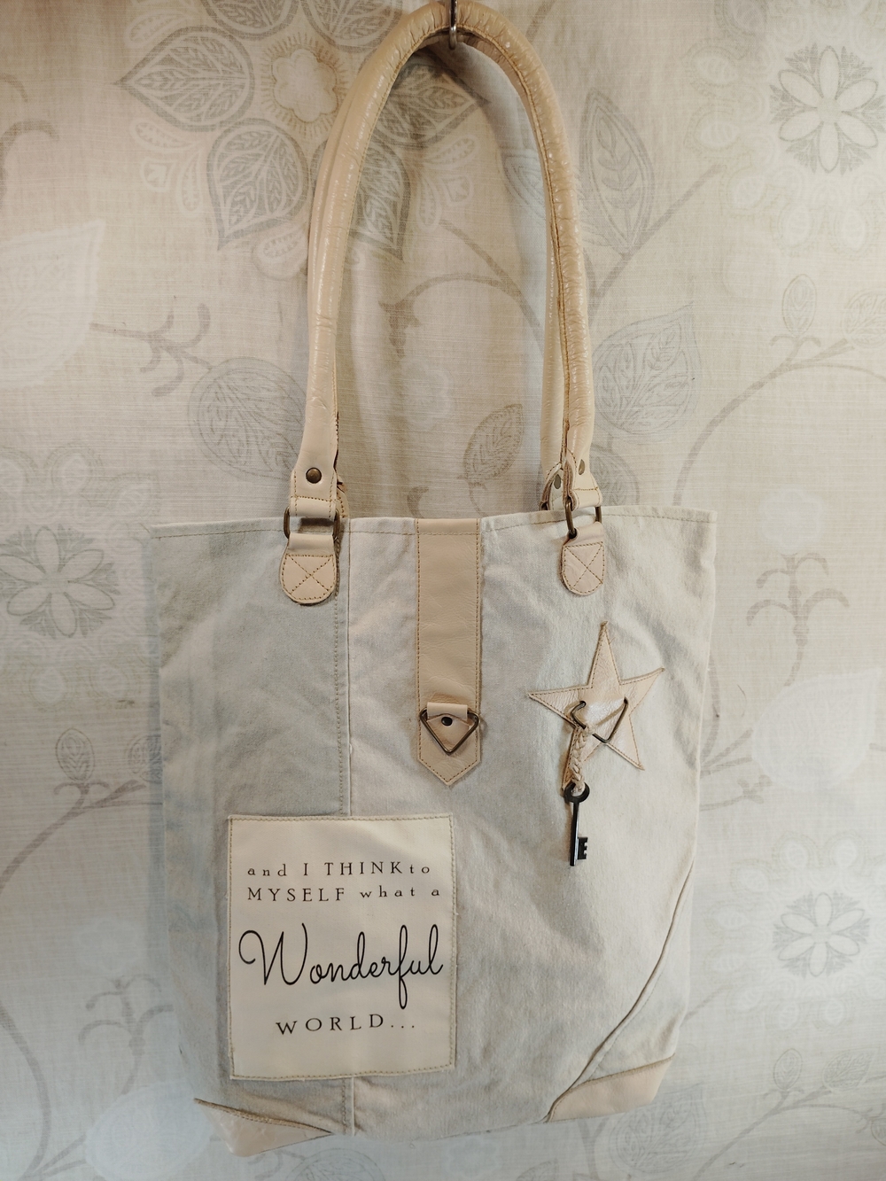 Vintage Addiction Canvas Shoulder Tote Bag in Cream& LightBlue - Wonderful World